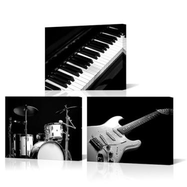 Imagem de SkenoArt Arte de parede de música preto e branco, guitarra, piano, bateria, imagem de parede, arte musical, pôster em tela para estúdio, instrumento musical, decoração de quarto, emoldurado, 30,5 x