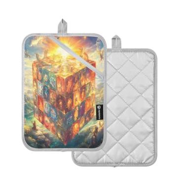 Imagem de Conjunto de 2 suportes de panela de pano felpudo de cubo mágico brilhante resistente ao calor conjunto de 2 conjuntos de almofadas quentes e luvas de forno