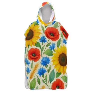 Imagem de TSENQUE Poncho de surf para adultos trocador de roupa de praia com capuz toalha floral absorvente girassóis vermelho floral bege homens mulheres poncho com capuz