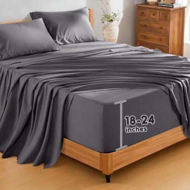 Imagem de SONORO KATE Lençóis de linho 100% puro francês, bolso extra profundo de até 45,7 a 61 cm, lençóis de linho respiráveis e duráveis, lençóis de linho antirrasgo, lavável na máquina - 4 peças (cinza