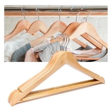 Imagem de Kit 12 Cabides de Madeira Natural com Ganchos Giratórios 360°, Acabamento Liso, 44cm x 23cm, Triangular, para Ternos, Vestidos e Camisas, 3 Peças