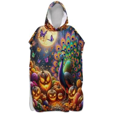 Imagem de Joisal Roupão para adultos poncho de surfe praia moletom com capuz toalha natação plus size Halloween pavão dourado abóbora unissex adulto poncho com capuz