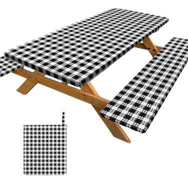 Imagem de Capa de mesa de piquenique com capas de banco, toalha de mesa portátil, bolso de armazenamento integrado, capas de mesa de piquenique com elástico à prova d'água essenciais para acampamento em trailer