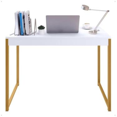 Imagem de Mesa Escrivaninha Industrial para Escritório e Home Office 90x45x75 cm Fácil Montagem (MENOR 74X40,BRANCO/DOURADO)