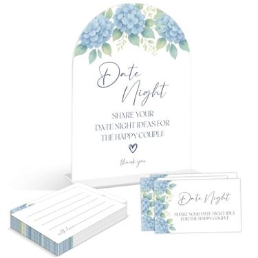 Imagem de Jogos de chá de panela - Something Blue Before I Do Date Night Ideas, 1 placa e 50 cartões noturnos, decoração de chá de panela, suprimentos de decoração de casamento de hortênsia azul empoeirado