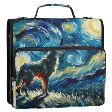 Imagem de Fichário com 3 anéis de 3 anéis de 3,8 cm com estampa noturna estrelada de lobo resistente com zíper, bolsa escolar com alça de ombro, estojo de armazenamento personalizado com alça