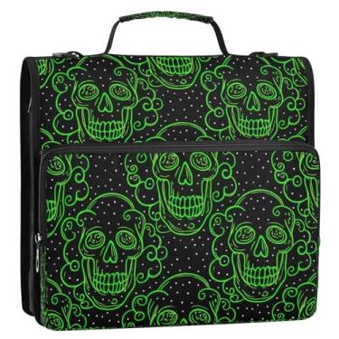 Imagem de Bolsa de fichário com 3 anéis de caveiras verdes brilhantes e manchas brancas com alça de ombro, organizador de fichário com zíper para viagens escolares e escritório, pasta grande para portfólio