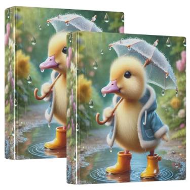 Imagem de Fichários de 3 anéis personalizados adorável Duck Rainy Day 3 polegadas comporta 200 folhas, portfólio fofo anel redondo fichário de escritório, 31,5 x 27 x 6 cm, pacote com 2