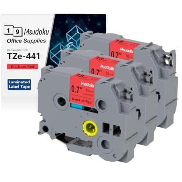 Imagem de Msudoku Fita Laminada Preta Sobre Vermelha de 18 Mm 0,7 Compatível com Brother P Touch Label Maker Tape Tze-441 Tze 441 Tze441 Tz441 Fita para Pt D400 D600 D610 P710Bt, 3/4 Pol.x26,2 Pés, Pacote com 3