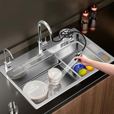 Imagem de Pia de cozinha, pia de bar, pia de estação de trabalho de fazenda, pia de cozinha grande de tigela única, pia de cozinha suspensa, pia de estação de trabalho de aço inoxidável, torneira removível (75