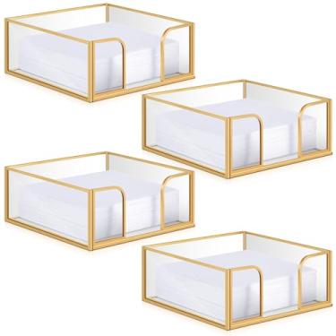 Imagem de LemonRoad Suporte de guardanapo quadrado dourado de 4 peças para mesa 14 x 14 cm suporte decorativo de guardanapo de coquetel cesta de papel plana de vidro para cozinha jantar buffet bar balcão festa