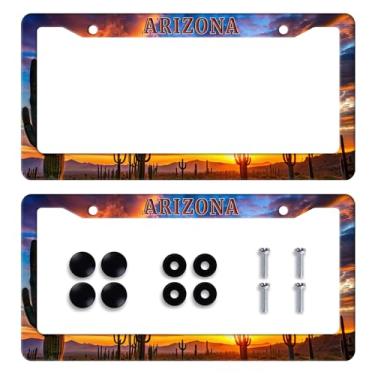 Imagem de Pacote com 2 molduras para placa de carro com bandeira do estado do Arizona, personalizado, pôr do sol, cacto do deserto, suporte de placa de carro para etiquetas dianteiras ou traseiras de carro de