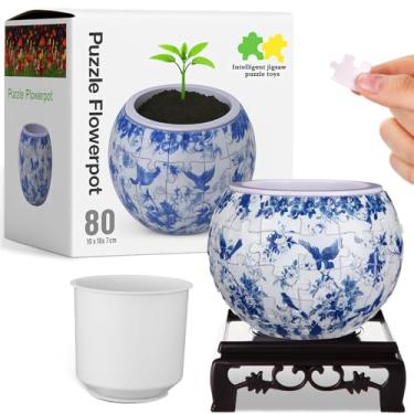 Imagem de Silipull Vaso de quebra-cabeça 3D, vaso de flores com quebra-cabeça 3D, feito de 160 peças de plástico curvas, presente de inauguração de casa para arranjos de flores e decoração de casa (flores azuis