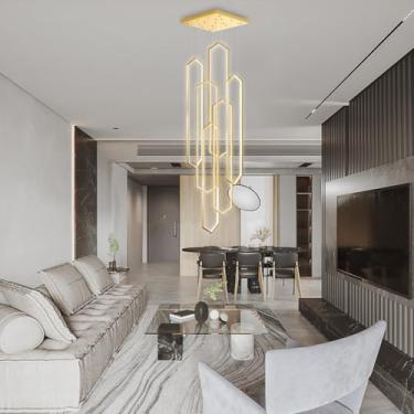 Imagem de Lustre moderno dourado de alumínio com LED, luminária pendente grande para tetos altos, controle remoto, 6 lâmpadas, ideal para hall de entrada, sala de estar e escadas, temperatura de cor d
