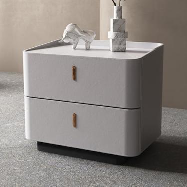 Imagem de Modern Wooden Nightstand, Wrapped in PU Leather, Featuring a Double-drawer Storage Design, a Stable Base, Silent Rails, and Rounded Corners, Suitable for Bedrooms(Gray,60 * 40 * 50cm/24 * 16 * 20in)