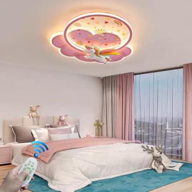 Imagem de Luminária de teto rosa com controle remoto, LED moderno e dimerizável, para quarto infantil, com decoração criativa de unicórnio e nuvem. Ideal para cozinha, quarto de menina e outros ambien