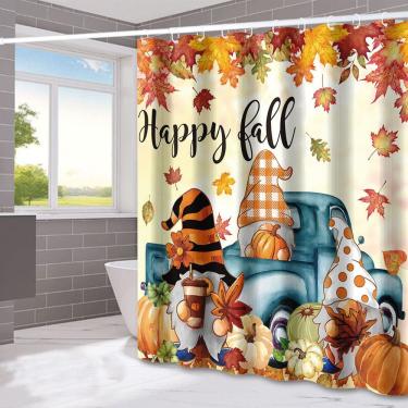 Imagem de Conjunto de cortinas de chuveiro Happy Fall com design de gnomos e abóboras