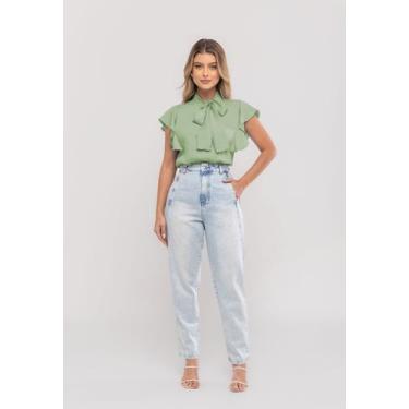 Imagem de Blusa Feminina Com Laço na Gola e Manga Babado Verde Salvatore, GG