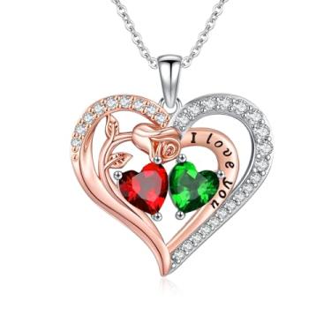Imagem de WYDDO Colar de coração rosa para mulheres, pingente de pedra de nascimento duplo, presente de aniversário e Natal para sua esposa, mãe, filha, Base, Zircônia cúbica