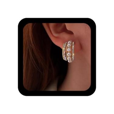 Imagem de Erimberate Brincos de círculo de pérola de cristal boêmio ouro strass círculo brincos de argola redonda pérola C brincos de argola minimalista CZ brincos de pérola joias para mulheres, Zinco, Sem