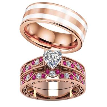 Imagem de ringheart Anéis de casal combinando 1CT AAA CZ Rose Gold Plated Conjuntos de alianças de casamento para ele e para ela, women size8 & men size13, Papel, Zircônia cúbica
