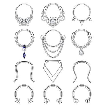 Imagem de YADOCA 12 peças de anéis de septo 16G de aço cirúrgico pingente de septo joias para mulheres piercing de septo anéis de nariz argola CZ ferradura cartilagem hélice tragus daith piercing de septo joia 10 mm, Metal, Zircônia cúbica