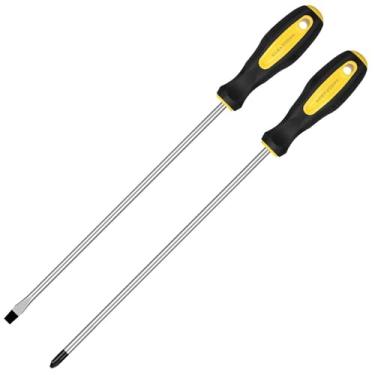 Imagem de Fixinus Conjunto de 2 peças de chave de fenda Phillips e plana de 12 polegadas, cabeça cruzada longa e design de lâmina com fenda, chave de fenda magnética estendida com ponta de 6 mm