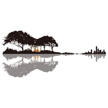 Imagem de PLIGREAT Adesivo de parede de guitarra preta, decalque de parede de paisagem natural removível vinil pôr do sol árvore murais de arte para quarto sala de estar silhueta de guitarra decoração de casa