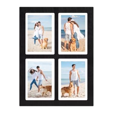 Imagem de YESKAY Colagem de porta-retratos 12 x 18 cm – Moldura preta rústica com 4 aberturas, 13 x 18 cm, várias molduras de colagem de fotos com vidro temperado para montagem em mesa ou parede (pacote com 1)