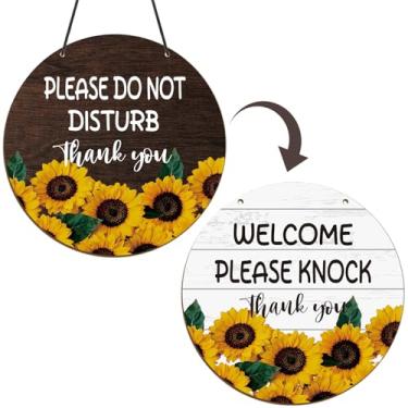 Imagem de Shejdgart Placa Do Not Disturb - Girassol Do Not Disturb Placa de gancho de porta dupla face de madeira Welcome Please Knock Door Signs for Home Offices Therapists Clinic Business Online Meeting