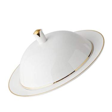 Imagem de Prato de servir de cerâmica com tampa, pratos de jantar de porcelana Prato de cerâmica branco redondo de 8 polegadas com tampa de cúpula para comida, bife, sobremesa, aperitivo, sushi, prato de sobrem