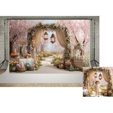 Imagem de Kate 2,1 x 1,5 m, primavera, jardim, flores rosa, árvore, cenários para fotografia, arco floral, decoração de coelhinho, decoração de Páscoa, fundo de foto de chá de bebê para crianças