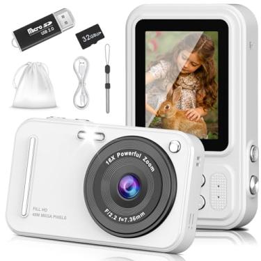 Imagem de Câmera digital para crianças, câmeras digitais 48MP FHD 1080p Point and Shoot com zoom de 16X, câmeras compactas portáteis para fotografia, para meninos meninas adolescentes iniciantes - branca
