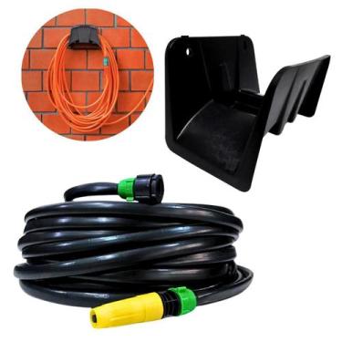 Imagem de Mangueira Preta 30m Resistente + Suporte Parede Plástico Reforçado - U