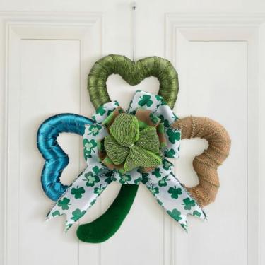 Imagem de Chunful Guirlanda de Dia de São Patrício para porta da frente, grinaldas de arco de serapilheira de trevo de 35 cm, verde da sorte, decoração do dia de São Patrício, festival irlandês, trevo de três