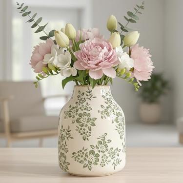 Imagem de Vaso de cerâmica vintage, vaso decorativo floral verde chinoiserie, vaso rústico retrô com acabamento rachado para decoração de casa, sala de estar, centros de mesa, cozinha, escritório, verde-01, 20