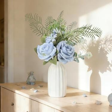 Imagem de PartyforU Flores falsas com vaso – Flores artificiais de rosa azul em vaso para mesa de jantar, mesa de jantar, cozinha, arranjo floral para sala de estar, offiece, casa de fazenda, decoração de casa