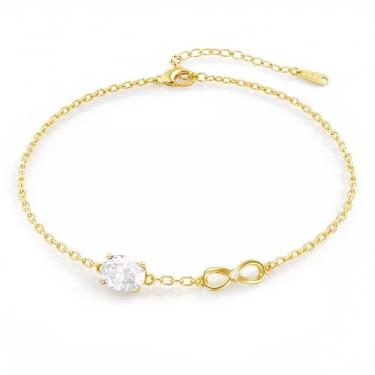 Imagem de MYJEWR S925 Pulseira feminina banhada a ouro 14 K, joia de ouro ajustável delicada, corrente de mão moderna para mãe, esposa e senhoras, presente de aniversário para ela, One Size, Metal, Diamante