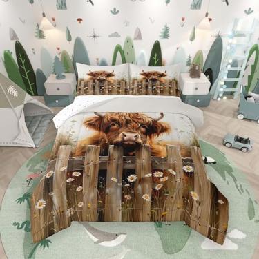 Imagem de jejeloiu Conjunto de edredom infantil de vaca Highland, casinha de fazenda, animais do oeste, rústico, para decoração de quarto de crianças, meninos, meninas, microfibra, ultramacia, respirável