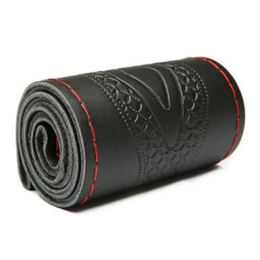 Imagem de Conjunto geral de cobertura de volante de carro de 38 cm para quatro estações trança de envoltório de volante em relevo (preto vermelho)