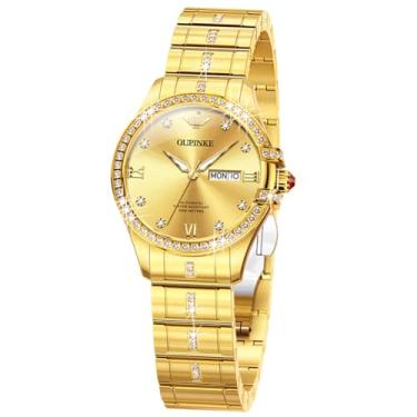 Imagem de OUPINKE Relógios femininos automáticos de luxo com volante de diamante em dois tons, pulseira de aço de tungstênio, fase da lua, 24 horas, L3195: pulseira dourada e mostrador dourado, Presente de luxo