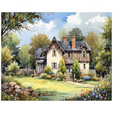 Imagem de TAOPAOLAB Kit de pintura de casa de campo por números para adultos - Pintura vintage de casa e jardim em tela 40,6 x 50,8 cm, conjunto de tinta acrílica, adequado para iniciantes, arte para decoração