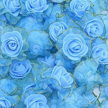Imagem de 20 peças/lote 4 cm espuma PE seda rosa flores artificiais cabeças para decoração de casa de casamento, faça você mesmo, guirlanda de scrapbooking, flor de rosa falsa, azul, 20 peças