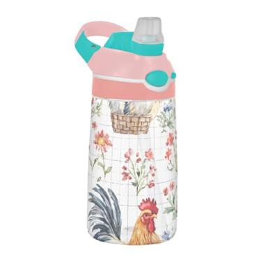 Imagem de xigua Garrafa de água aquarela Farm Rooster Tritan com bico de silicone, 480 ml, portátil, à prova de vazamento, para bebidas esportivas com botão bloqueável e alça larga