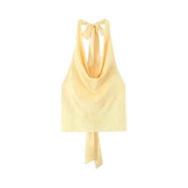 Imagem de Blusa Feminina De Cetim Com Decote Halter Ajustável, Sem Mangas, Costa