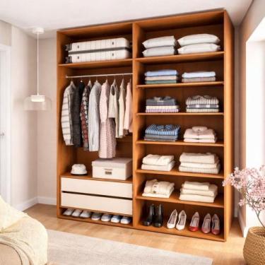 Imagem de Closet Luna 2 Gavetas 7 Prateleiras Creme/Freijó - Politorno, Marrom
