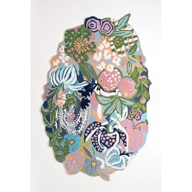 Imagem de Tapete de lã floral irregular feito à mão | Design vibrante de flores de jardim multicoloridas | Tapete macio, macio, durável e grosso para sala de estar, quarto, sala de jantar (azul claro, 9,5 x 1,5