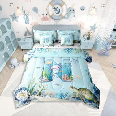 Imagem de Erosebridal Jogo de cama infantil fofo Axolotl com inicial N, 7 peças, para meninos e meninas, adolescentes, azul, desenho animado axolote, cama em uma bolsa, kawaii, salamandra, oceano, vida marinha