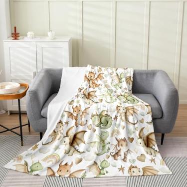 Imagem de Erosebridal Cobertor de flanela de dragão Queen 90x90 | Berçário verde marrom dragões felpudos pelúcia manta para sofá desenho animado animais cobertor de lã estrelas arco-íris padrão de coração todas
