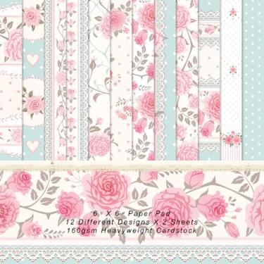 Imagem de Bloco de papel para scrapbooking com 24 folhas - papel decorativo rosa vintage aquarela, 12 desenhos, cartolina colorida de um lado para scrapbook, fabricação de cartões e suprimentos de fundo
